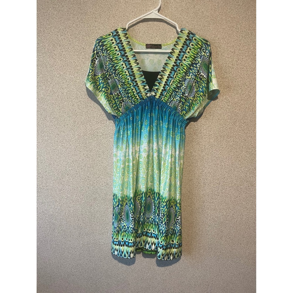 Volume One Dress Blue Green Pattern‎ V Neck Short Sleeve Casual Womens